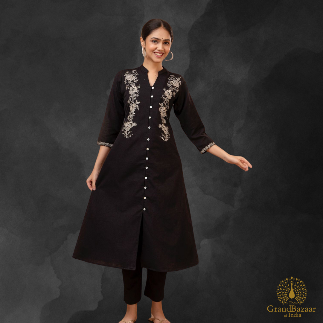 Black kurti full set with beige floral embroidery