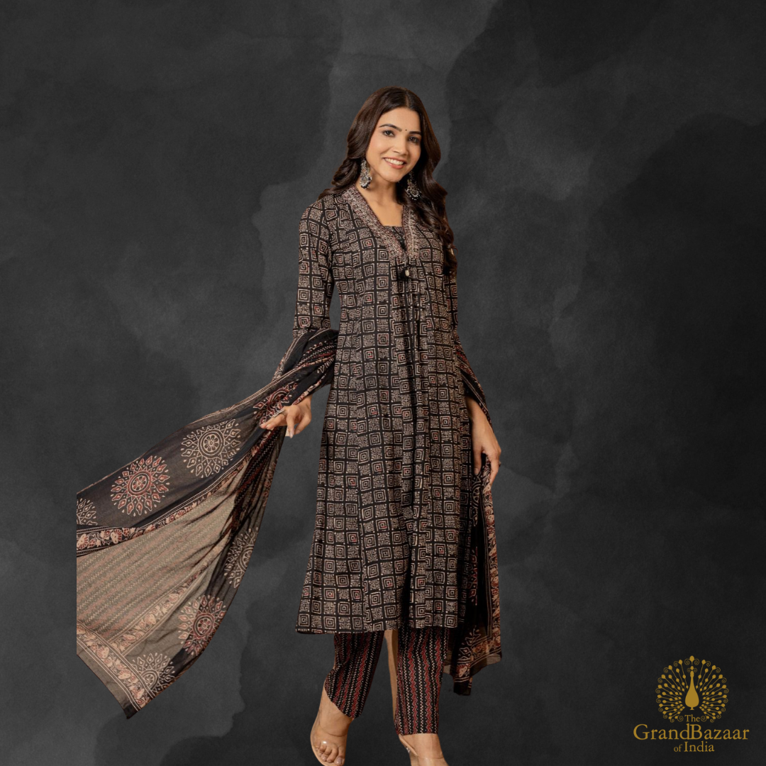 Black kurti full set with red and beige block prints