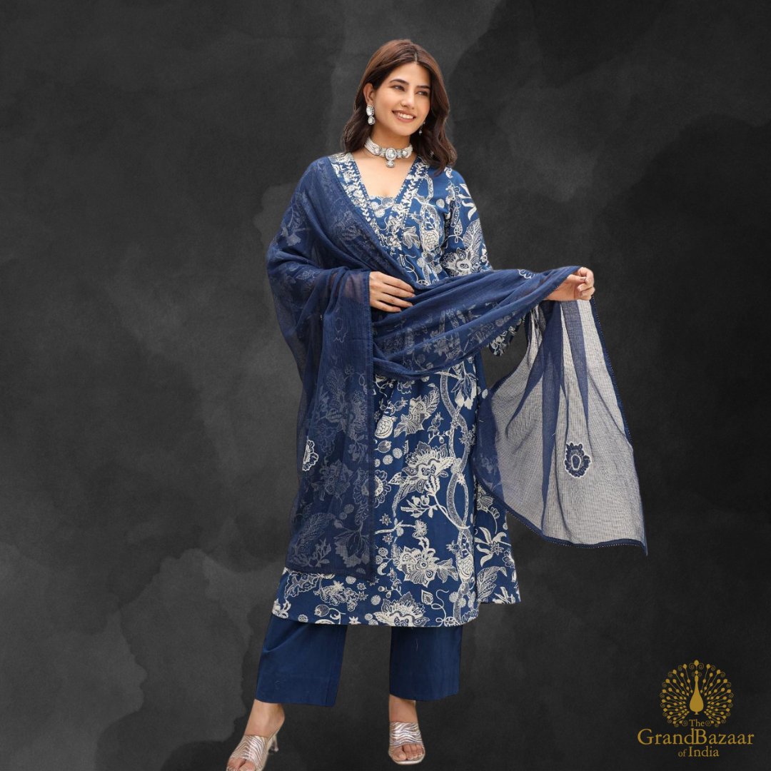 Blue kurti Full set with white floral prints