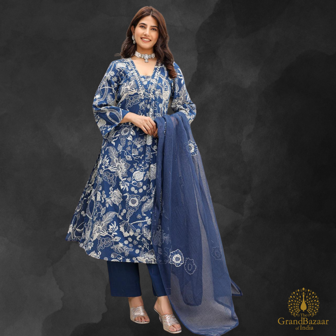 Blue kurti Full set with white floral prints