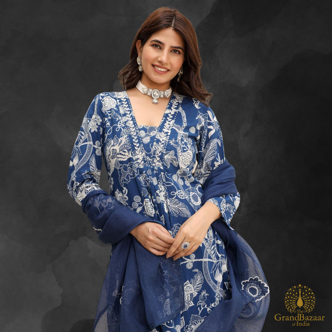 Blue kurti Full set with white floral prints
