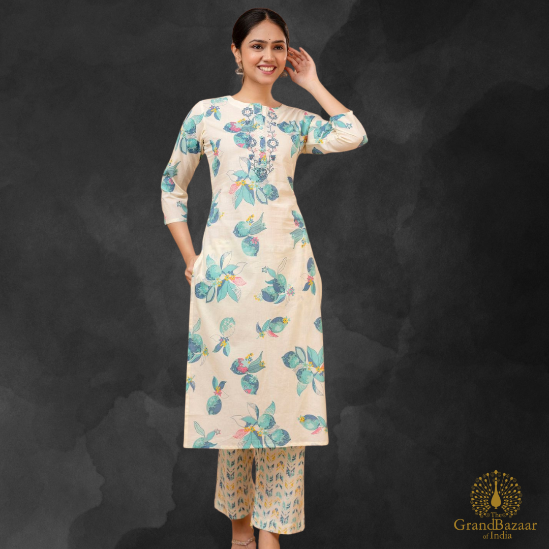 Beige kurti full set with blue floral prints