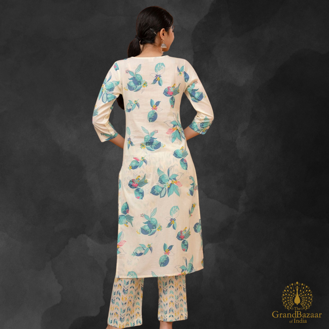 Beige kurti full set with blue floral prints