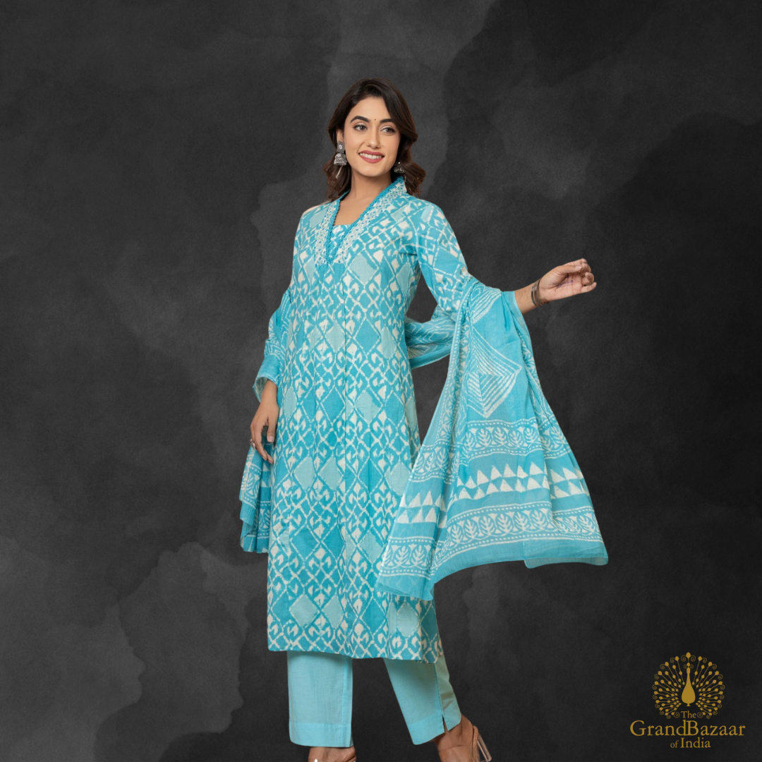 Blue kurti Full set with block prints