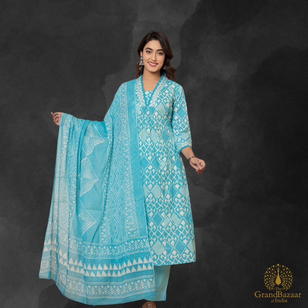 Blue kurti Full set with block prints