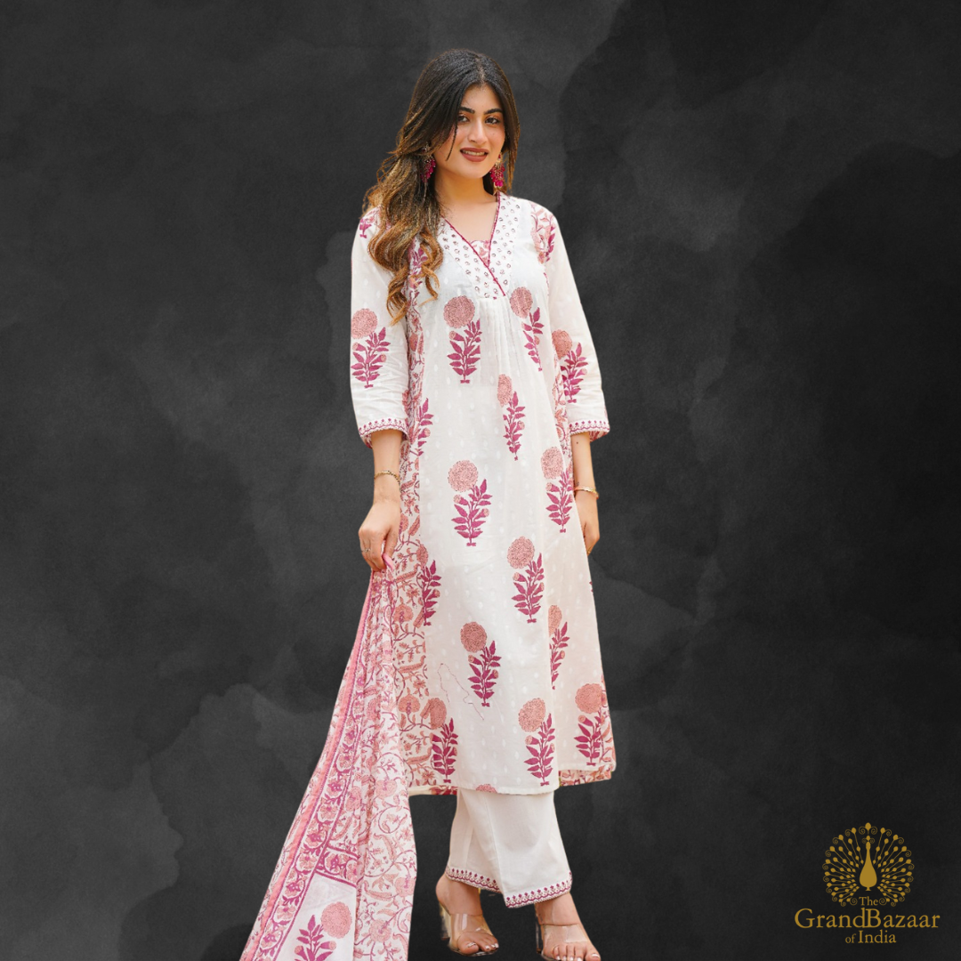 White kurti full set with red floral prints