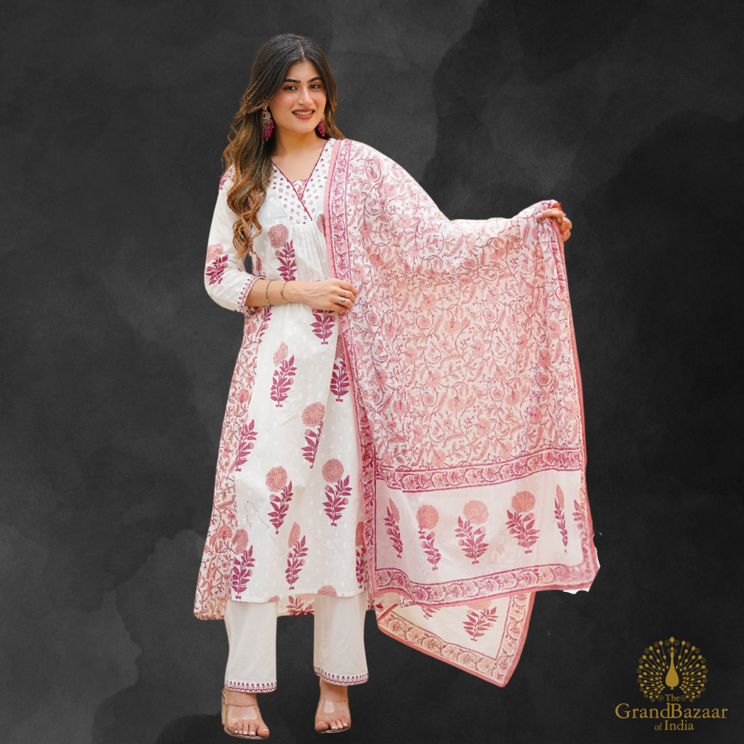 White kurti full set with red floral prints