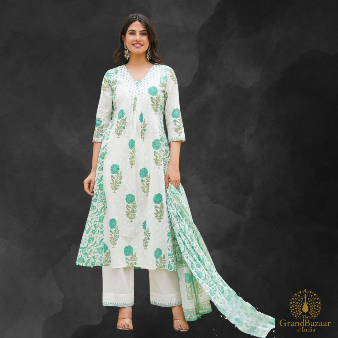 White kurti full set with green floral prints