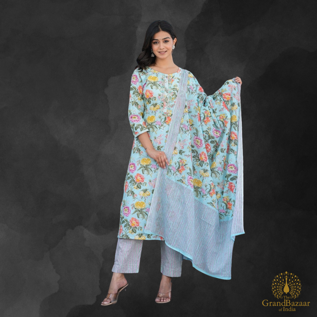 Light blue kurti Full set with floral prints