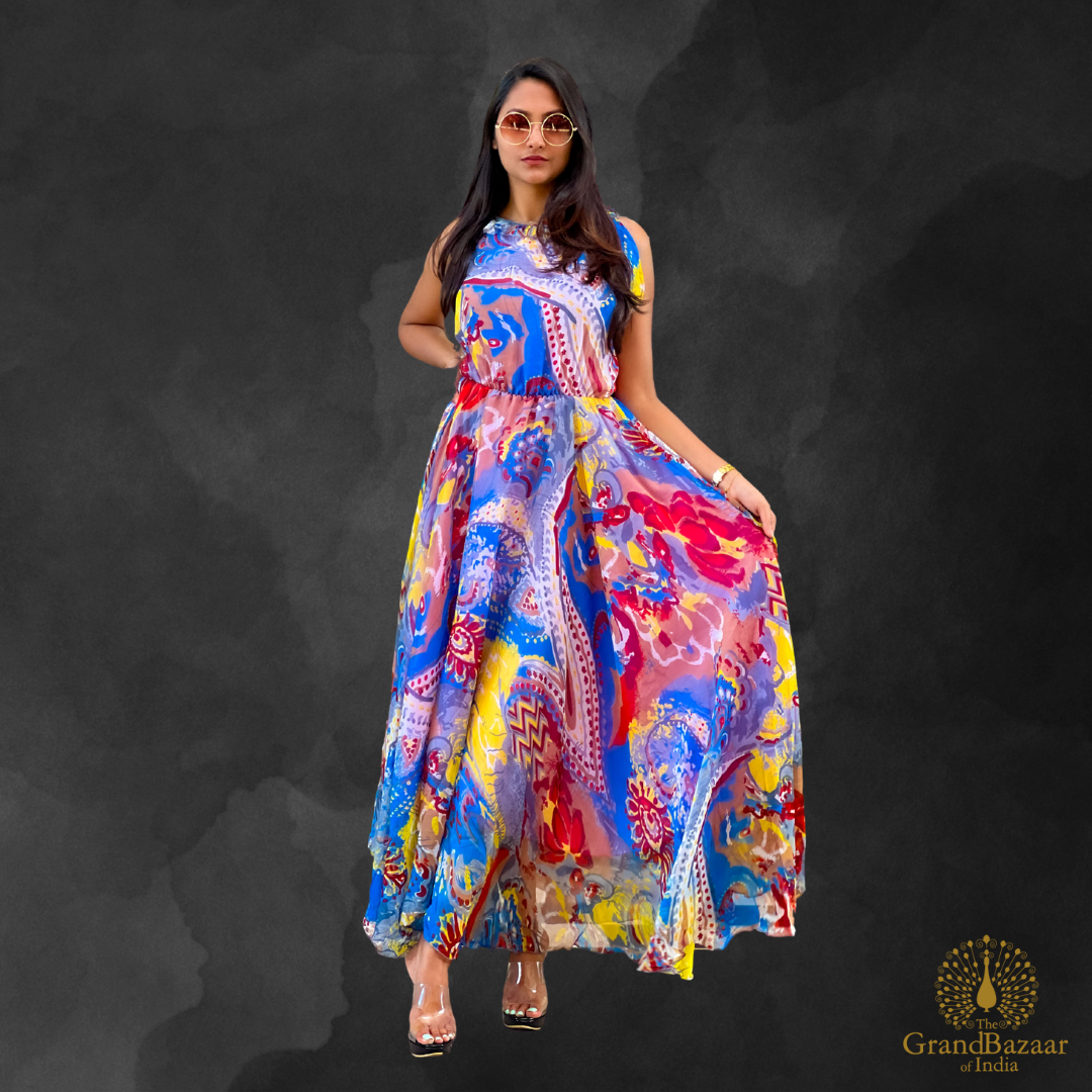 Elegant Printed Flowy Maxi Dress - LONG RAYON DRESS 03 S24