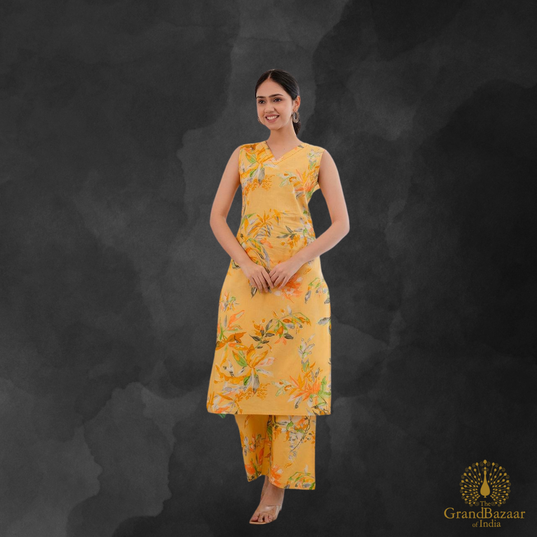 Yellow kurti set with Floral prints