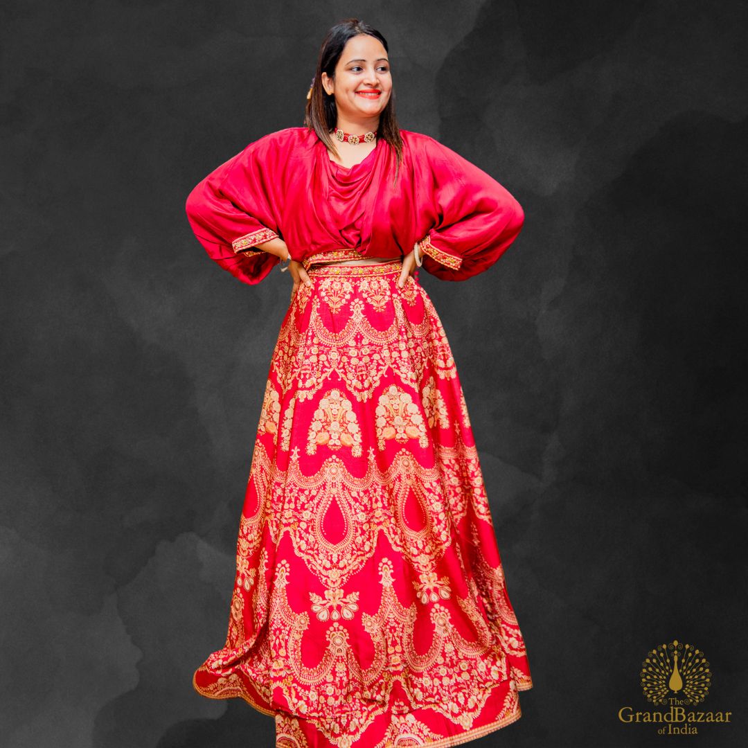 Red Lehenga with Printed Block Prints