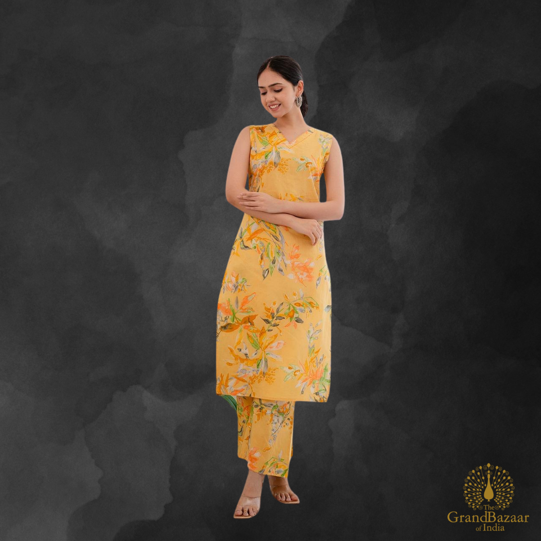 Yellow kurti set with Floral prints