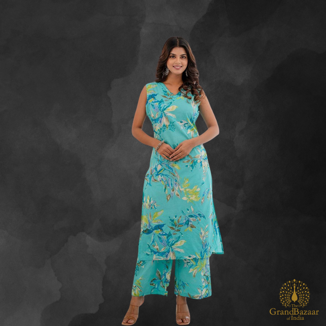 Blue Turquoise kurti set with floral design