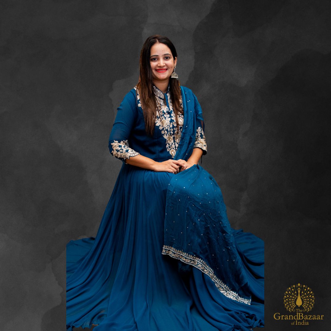 Embroidery Blue Long Gown with pants and Dupatta