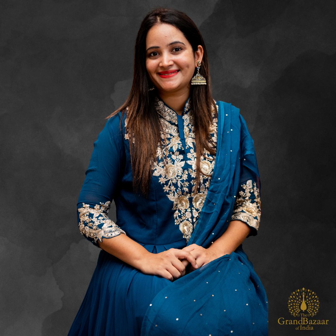 Embroidery Blue Long Gown with pants and Dupatta