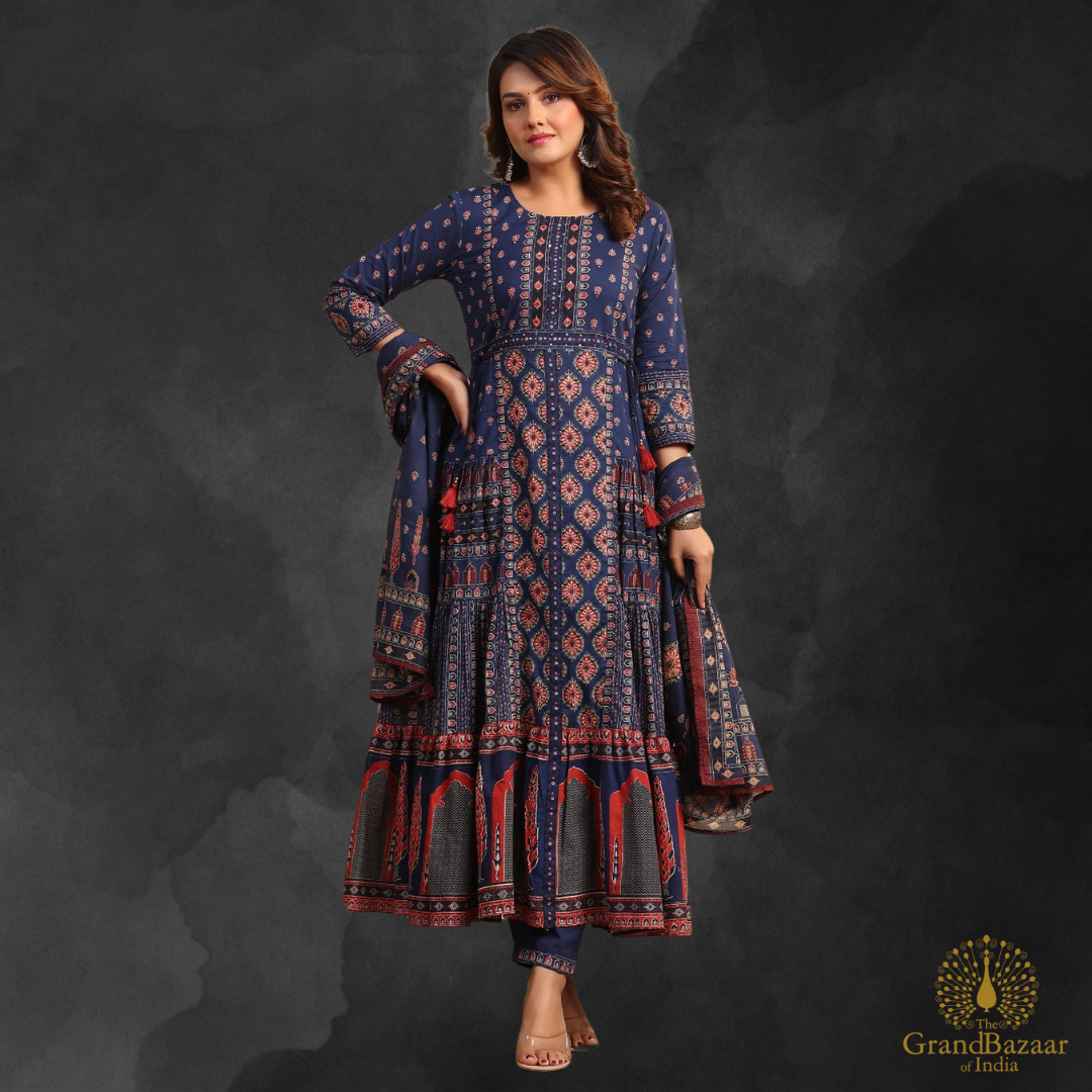 Blue kurti Full set with maroon block prints