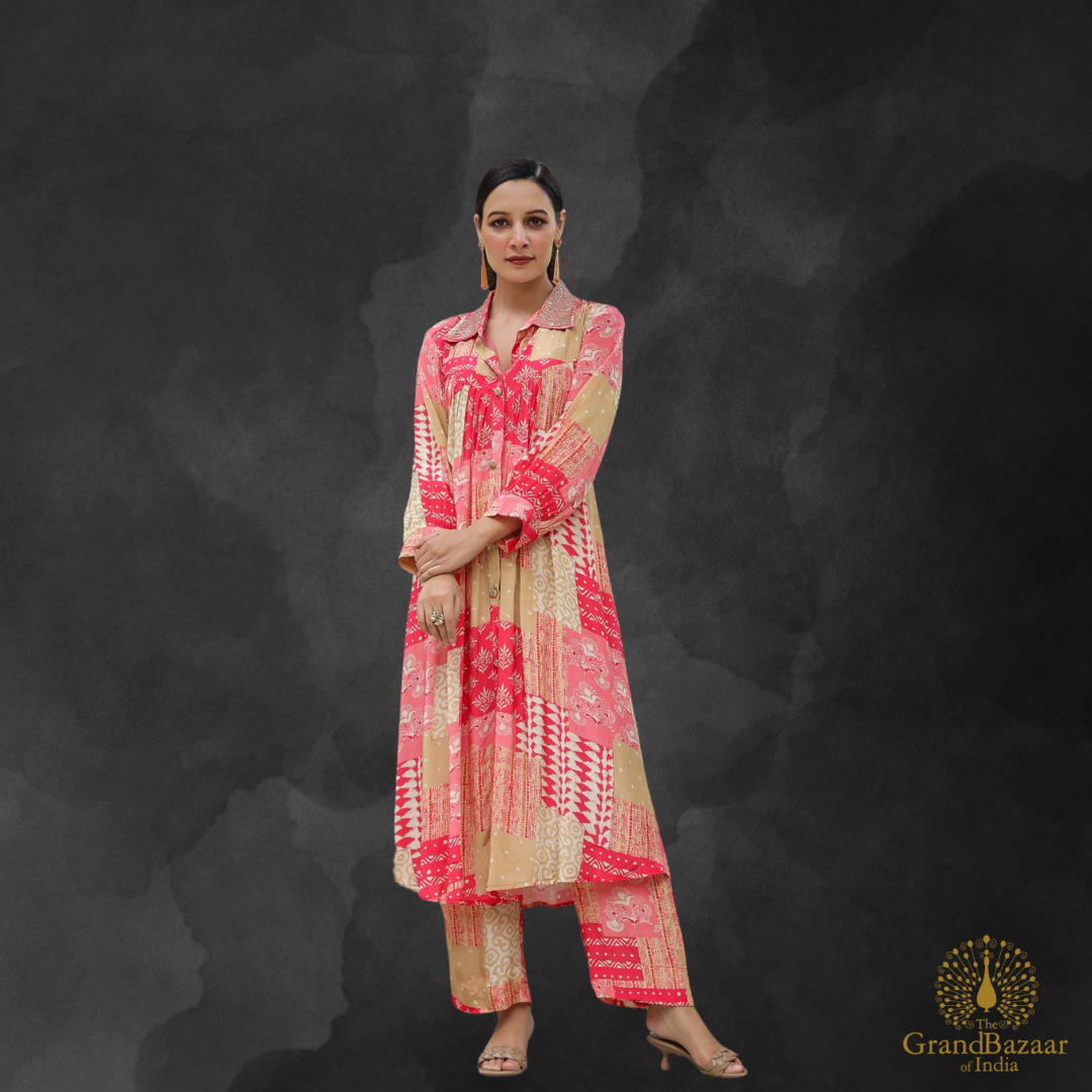 Fushia kurti set with straight matching pants