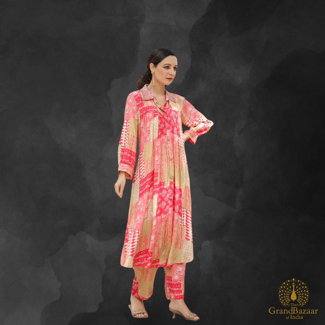 Fushia kurti set with straight matching pants