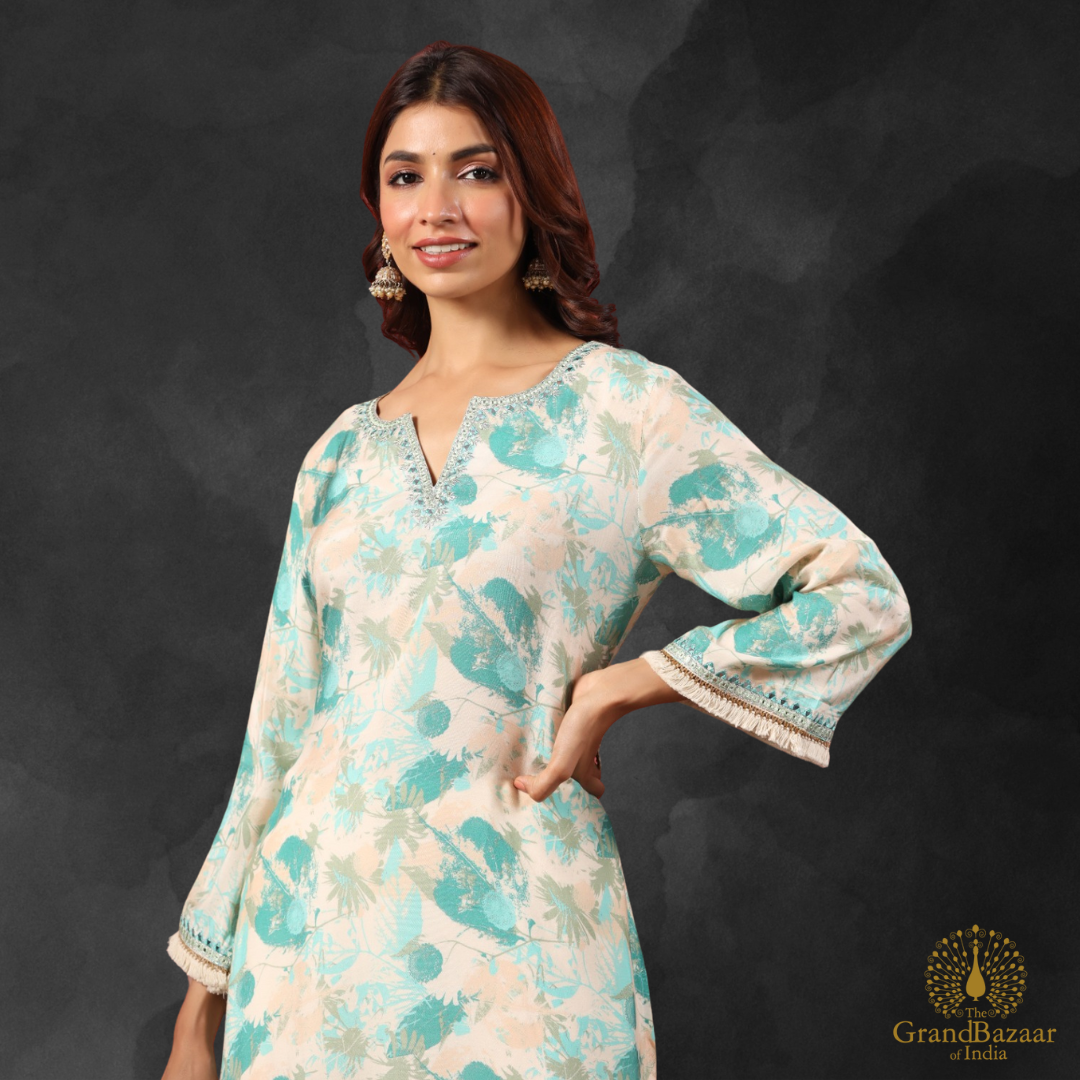 Beige kurti set with green leaves design prints