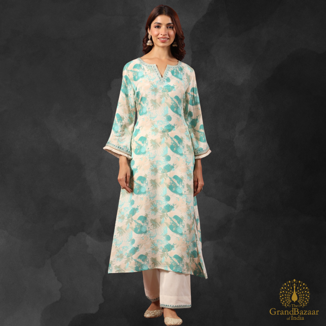 Beige kurti set with green leaves design prints