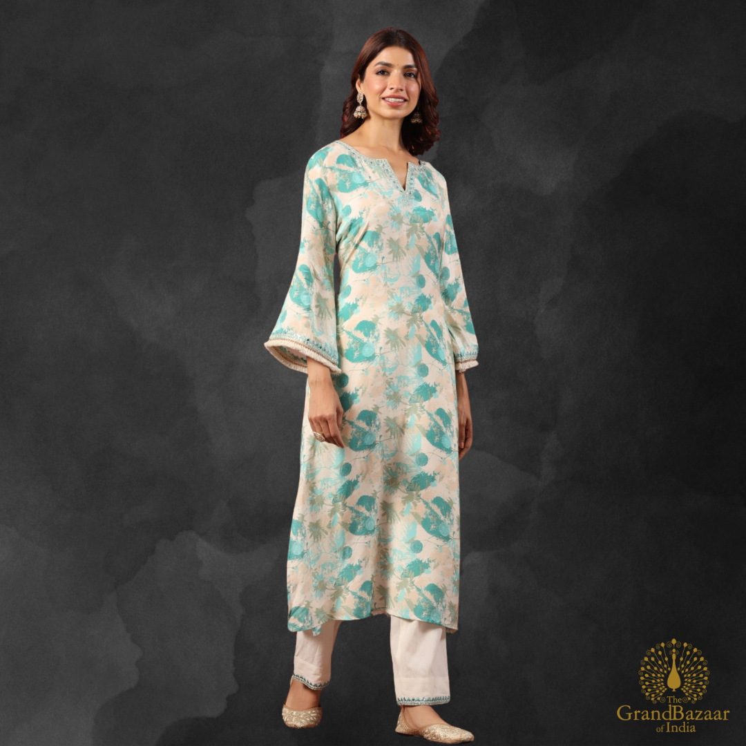 Beige kurti set with green leaves design prints