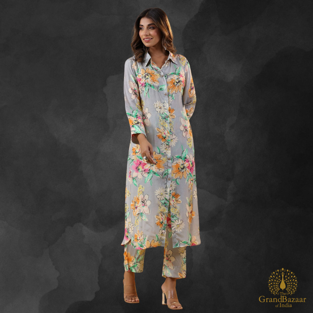 Grey kurti set with floral design prints