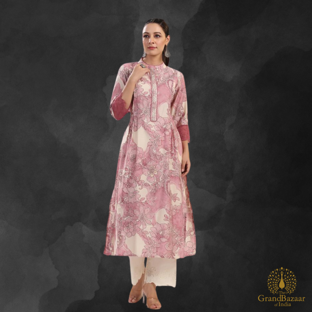 Pink kurti set with floral design and matching straight beige pants