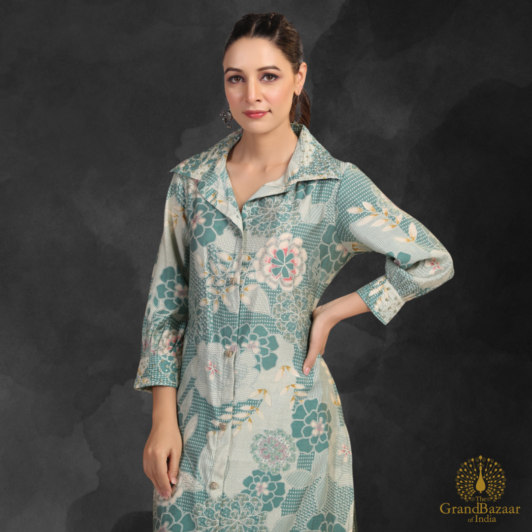 Green kurti set with floral design