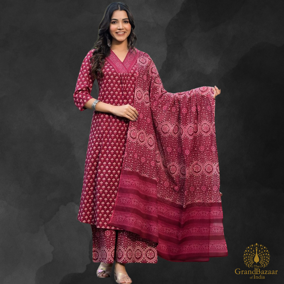 Burgundy Red Color kurti full set with block prints
