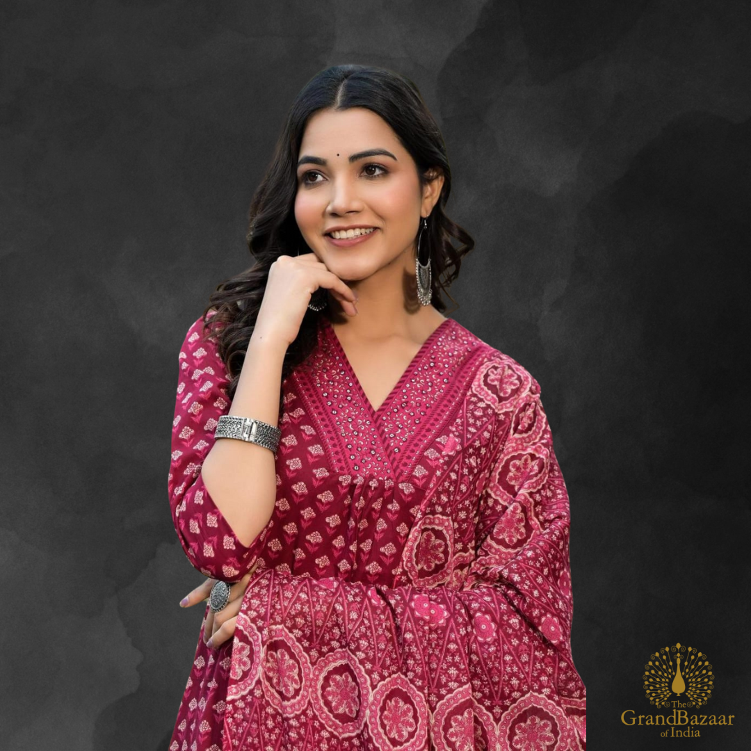 Burgundy Red Color kurti full set with block prints