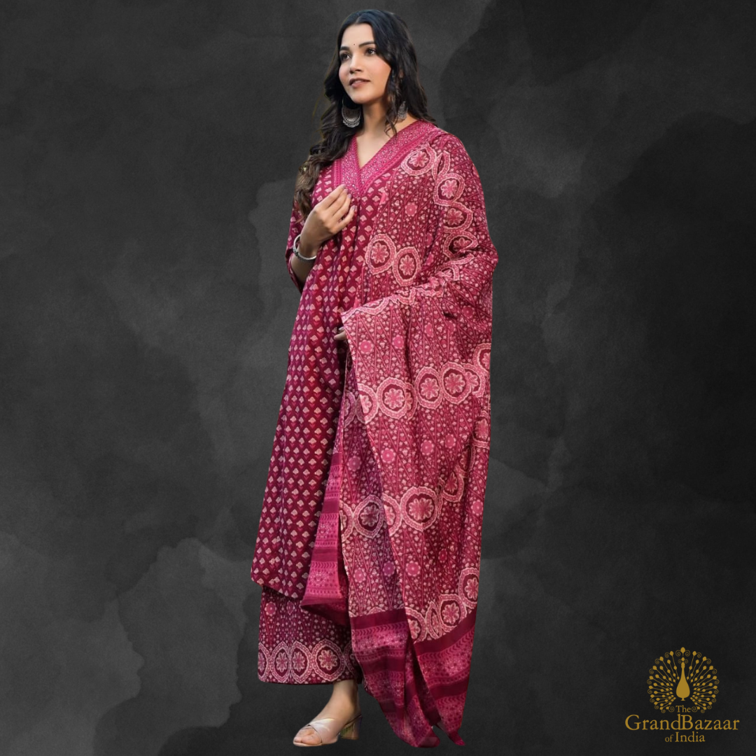 Burgundy Red Color kurti full set with block prints