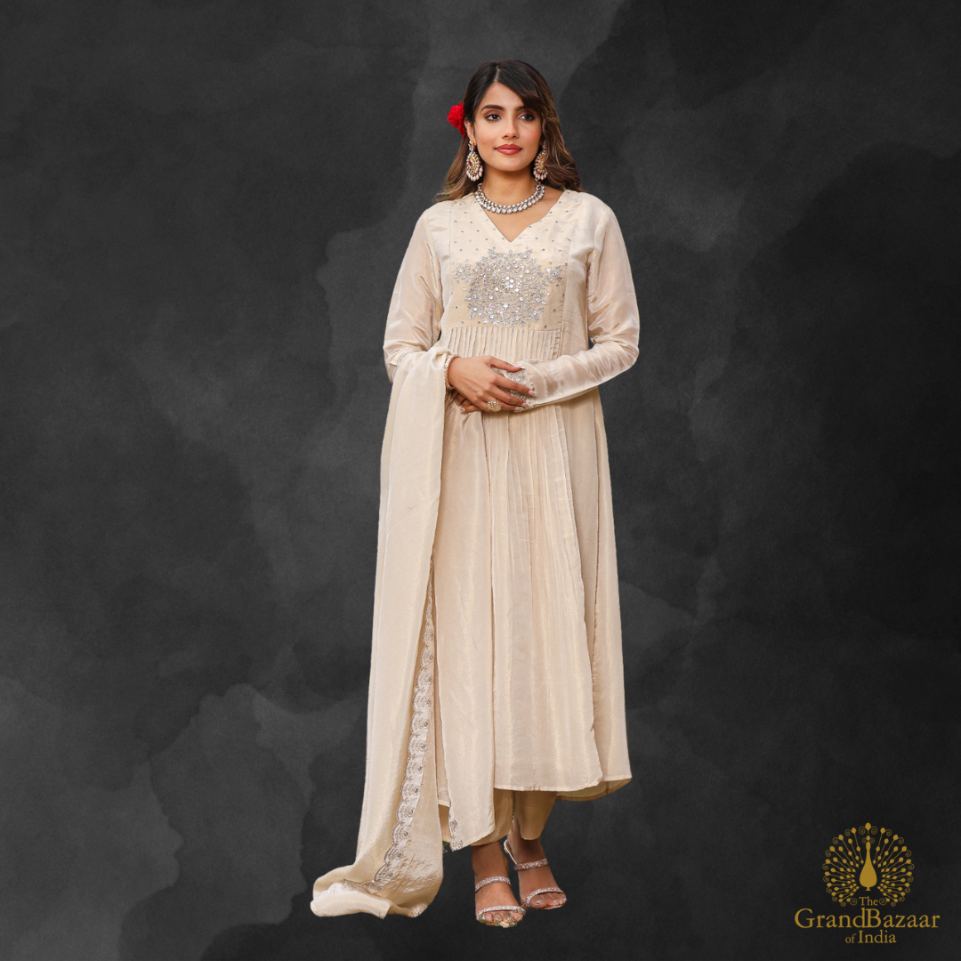Golden Beige Kurti Full set with Silver Embroidery