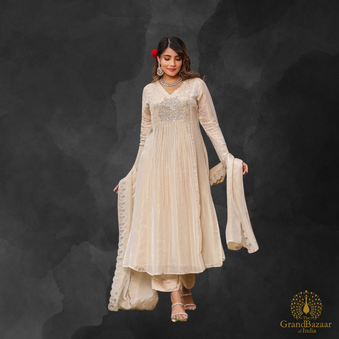 Golden Beige Kurti Full set with Silver Embroidery