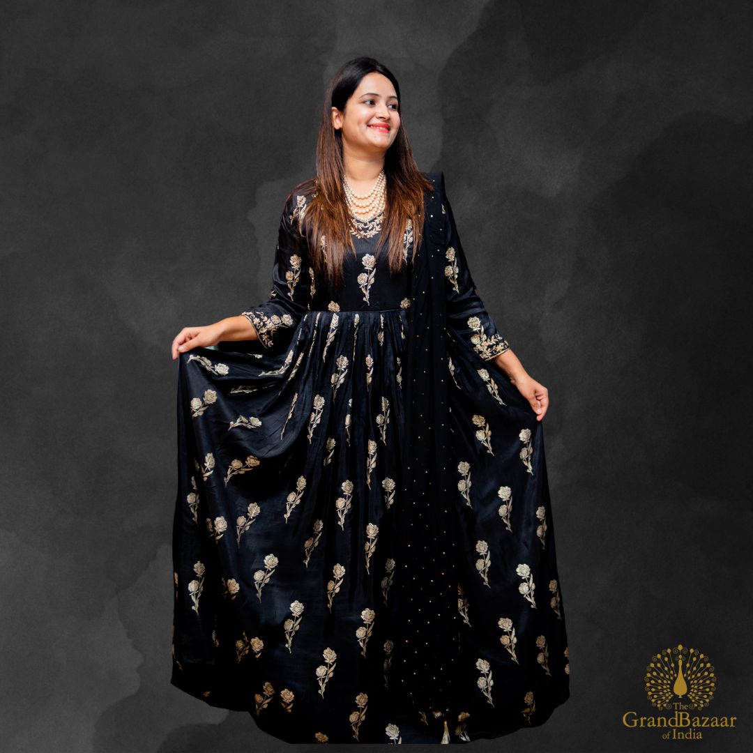 Black long Gown with golden embroidery and Dupatta