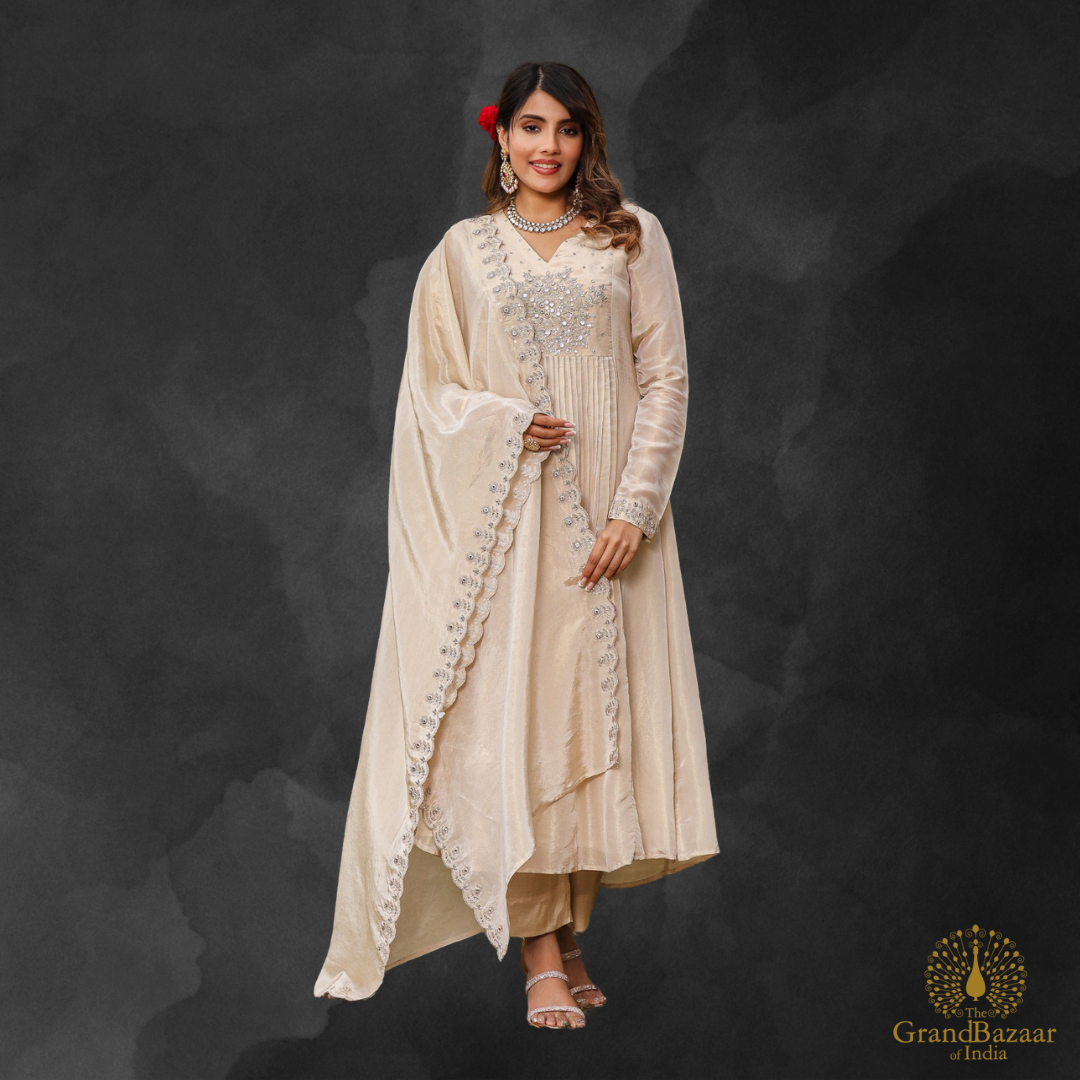 Golden Beige Kurti Full set with Silver Embroidery