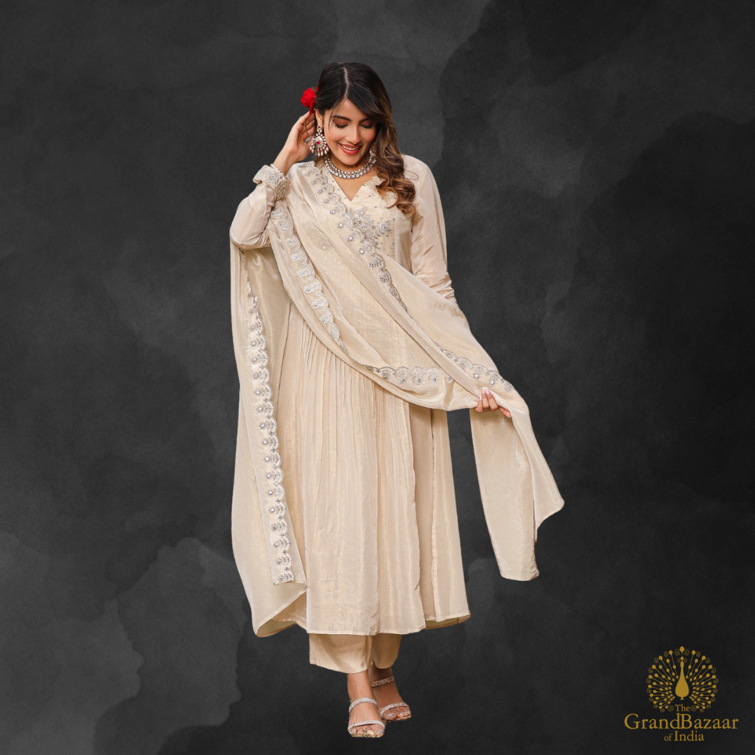 Golden Beige Kurti Full set with Silver Embroidery