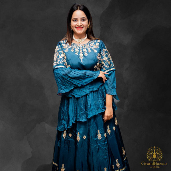 Blue Long Gown with golden embroidery and Dupatta