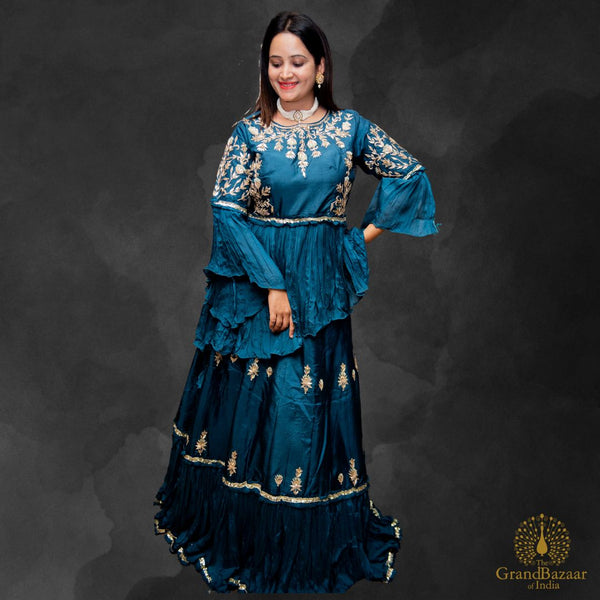 Blue Long Gown with golden embroidery and Dupatta