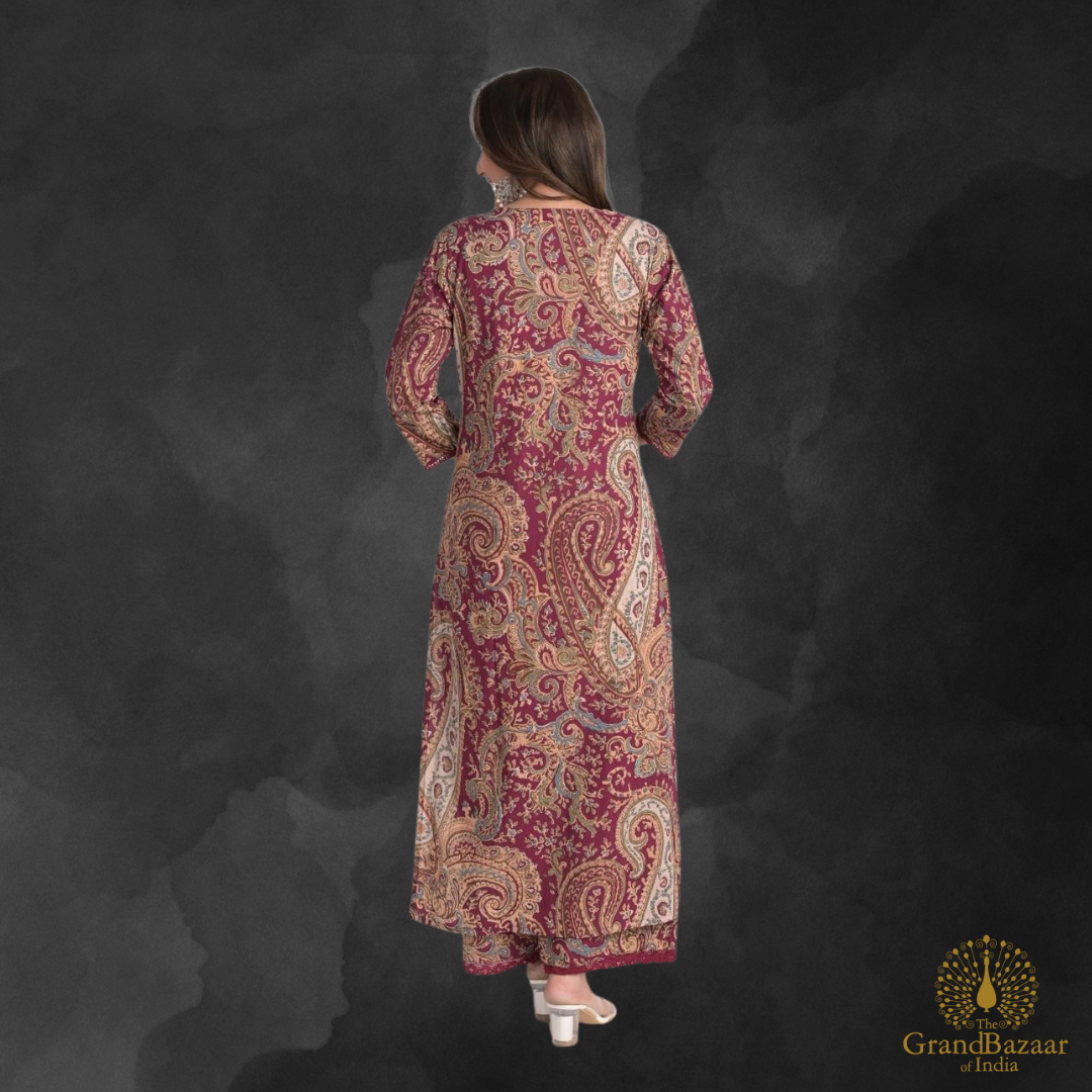 Red kurti set with Kashmiri block prints