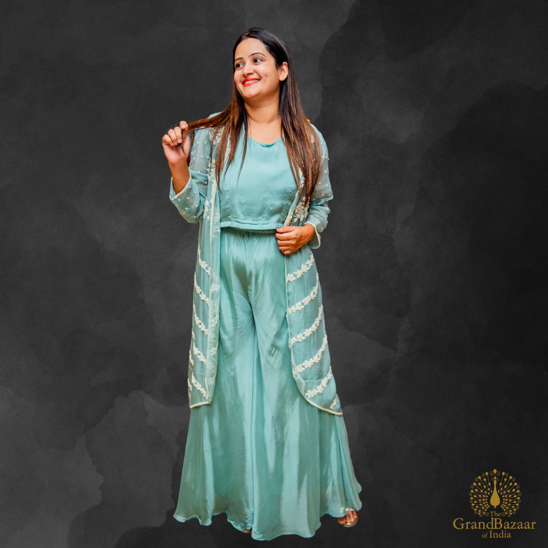 Light Green Choli With palazzo pant and Embroidered Shrug