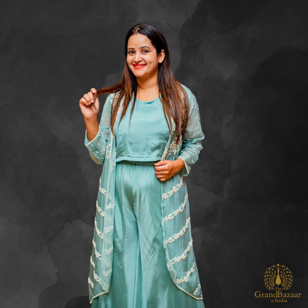 Light Green Choli With palazzo pant and Embroidered Shrug