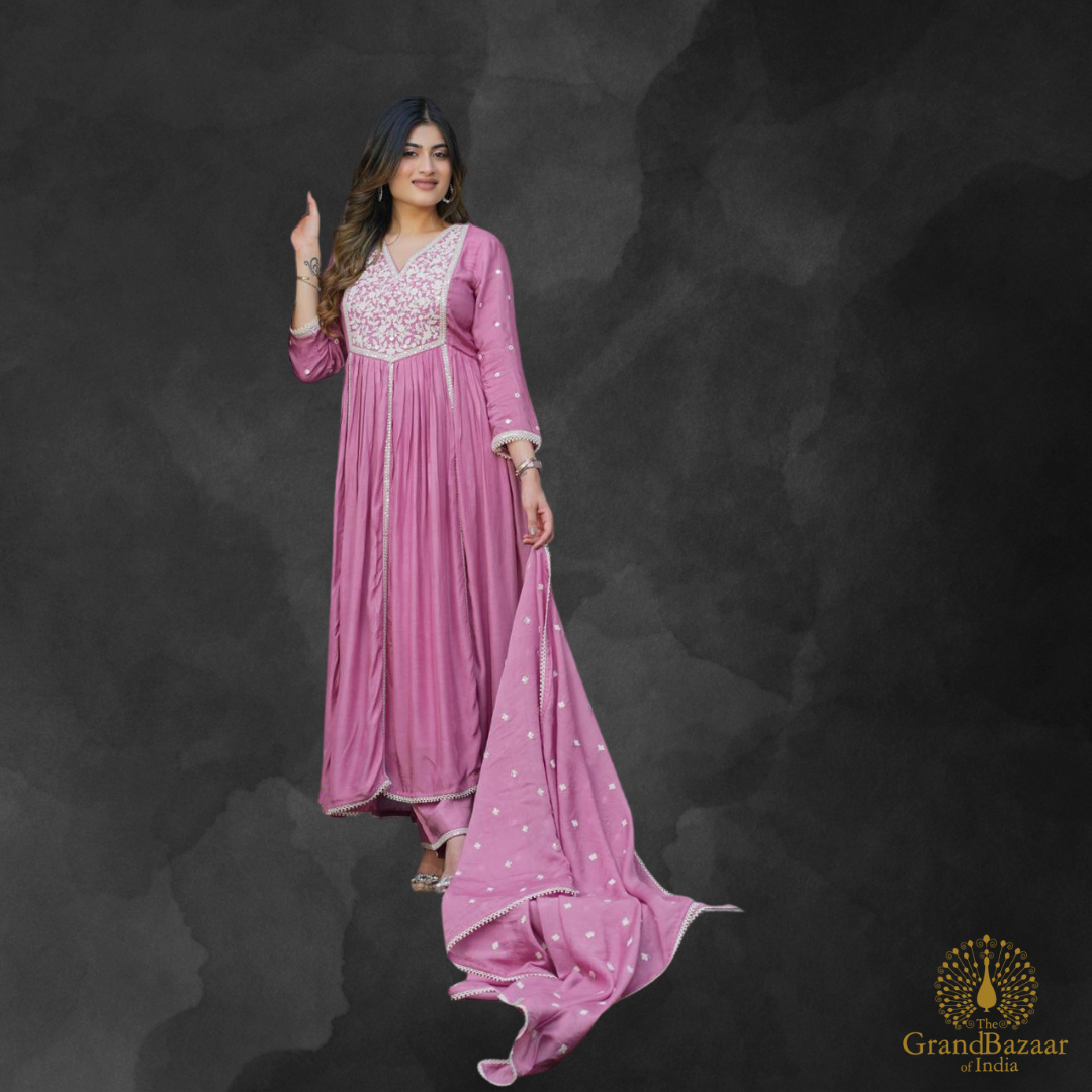 Pinkish Purple Kurti Full set With Beige Embroidery