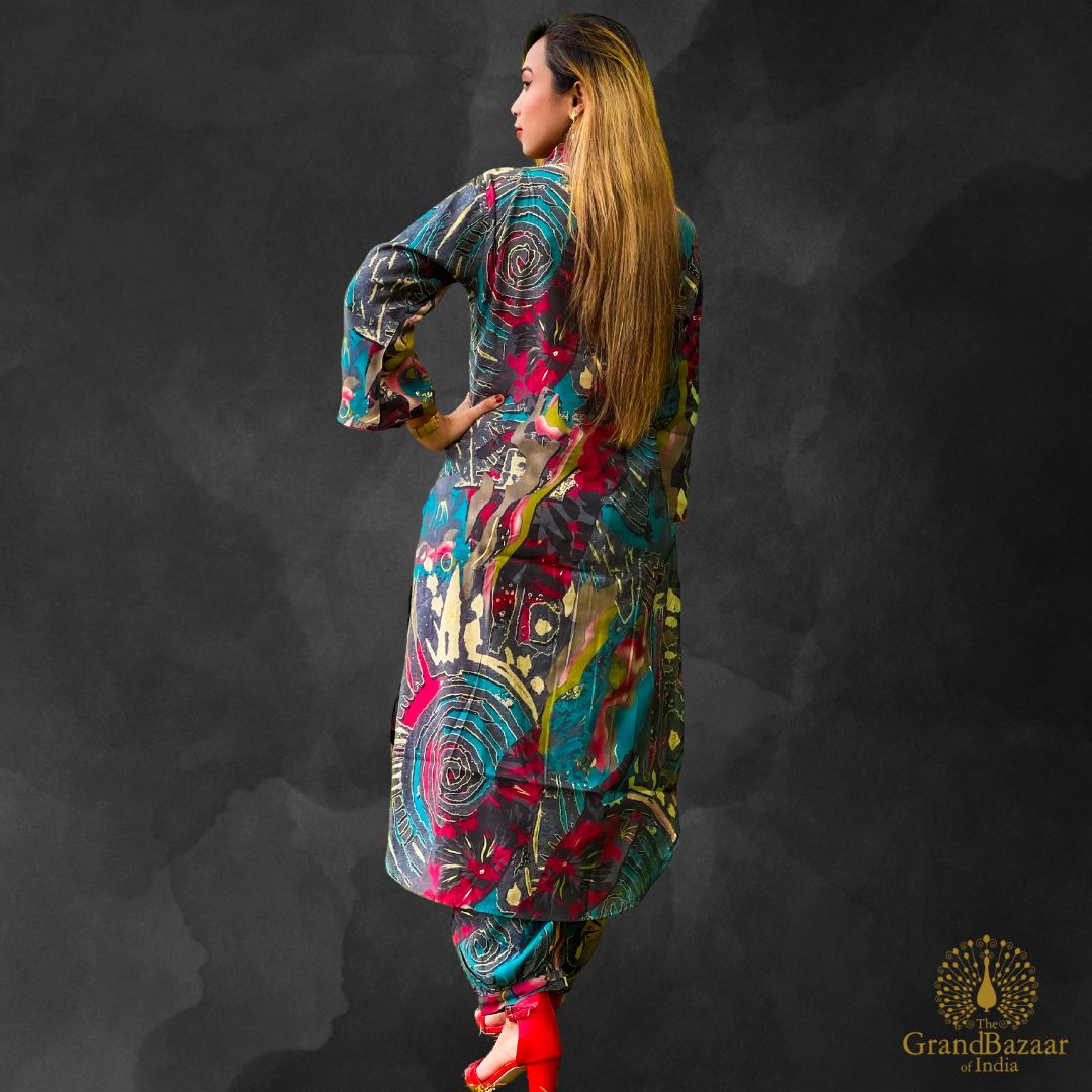 Dark grey kurti set with light blue and pink block prints