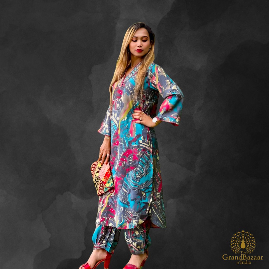 Dark grey kurti set with light blue and pink block prints