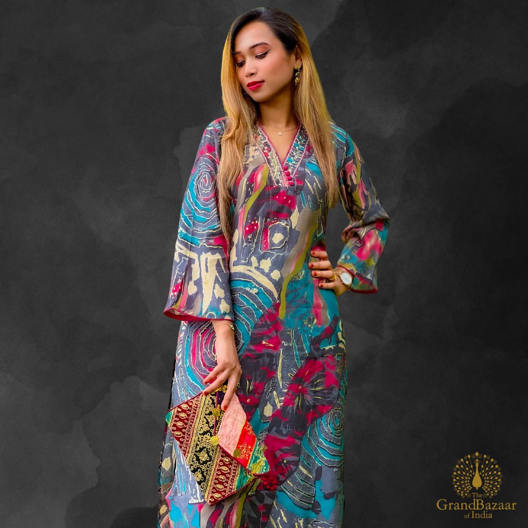 Dark grey kurti set with light blue and pink block prints