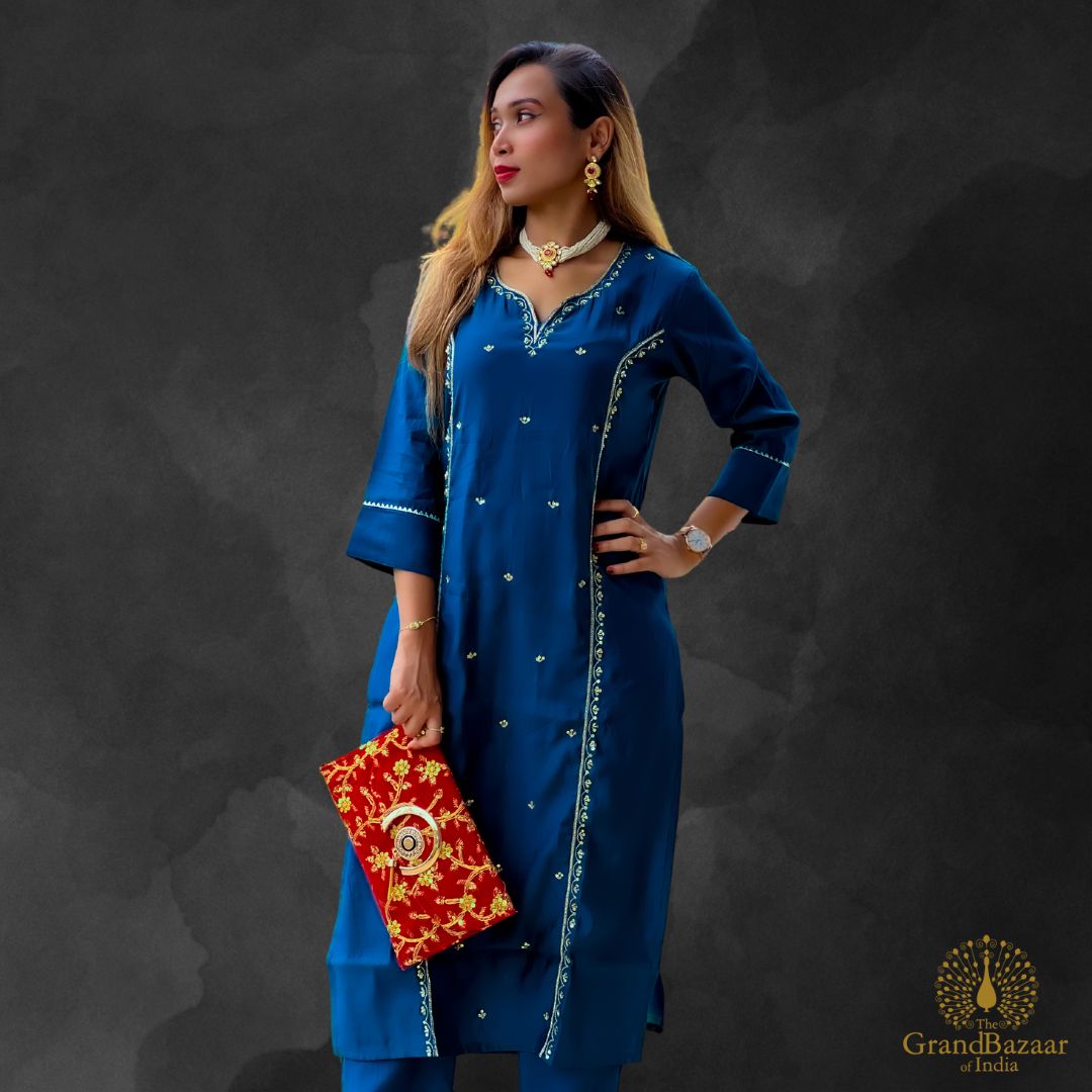 Blue kurti set with golden embroidery