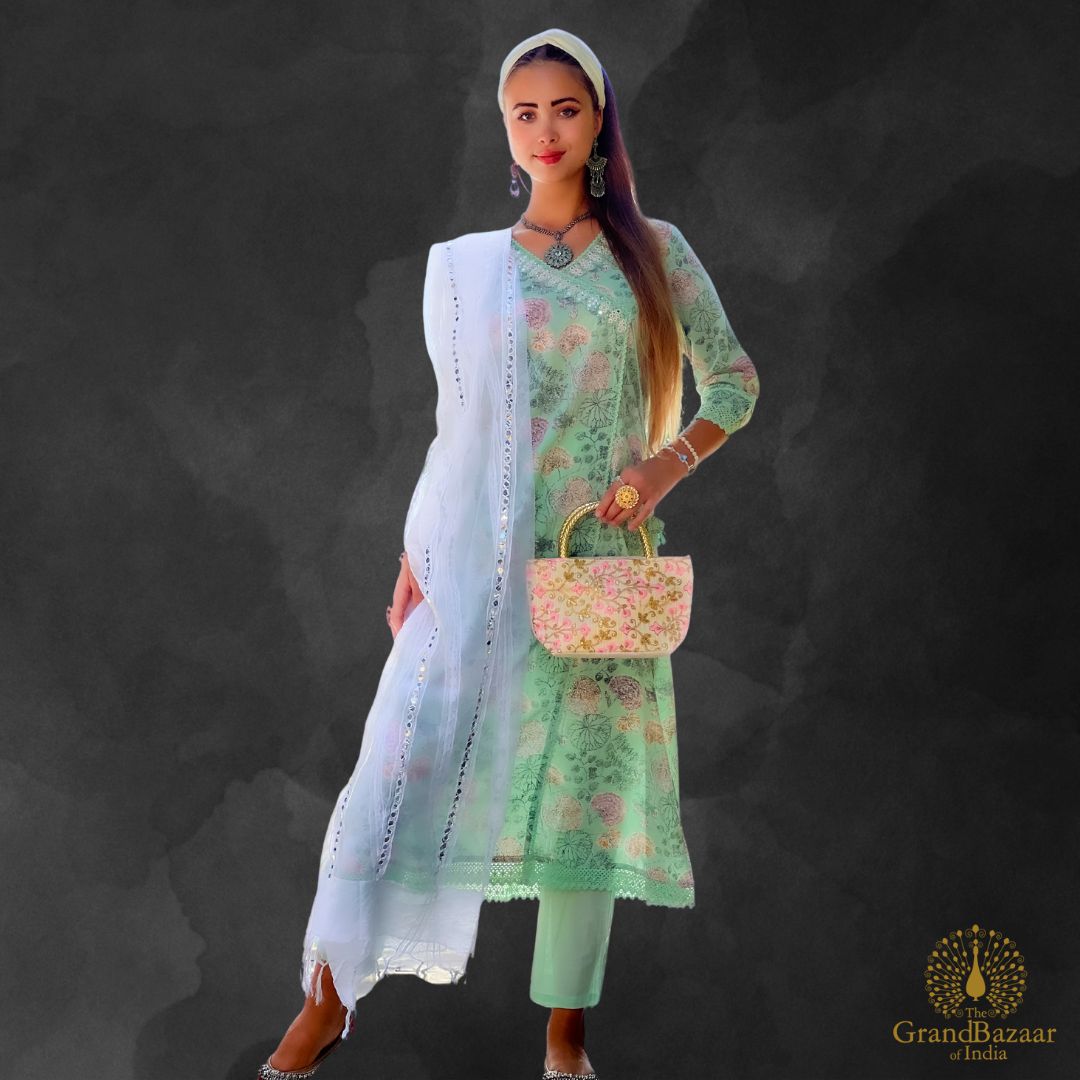 Light Green kurti set with printed florals