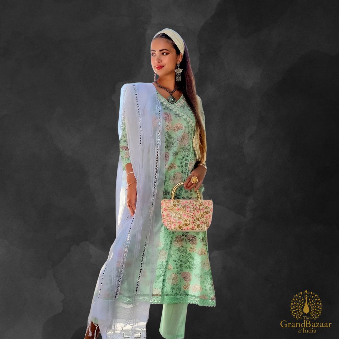 Light Green kurti set with printed florals