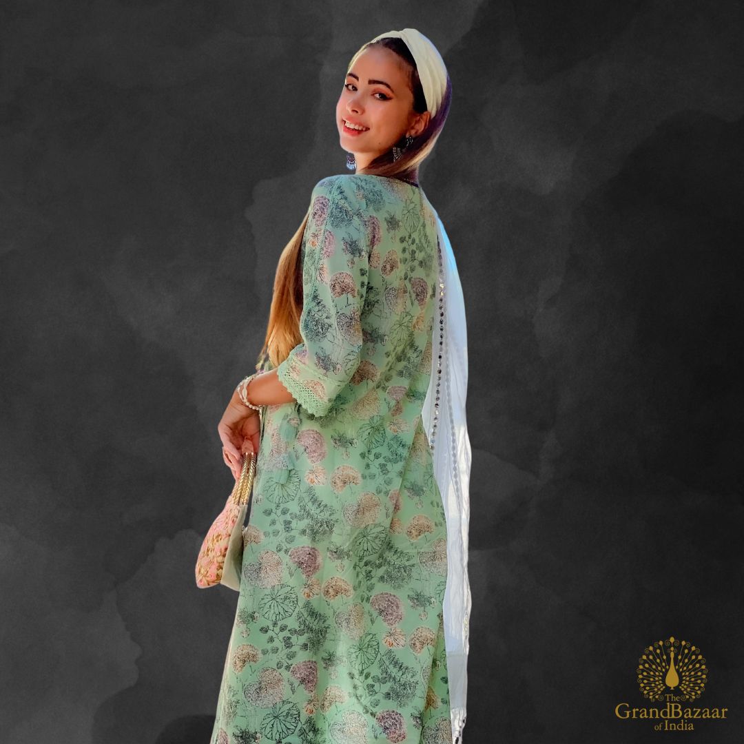 Light Green kurti set with printed florals